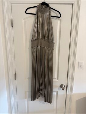 A.L.C. Metallic Taupe Pleated Halter Maxi Dress